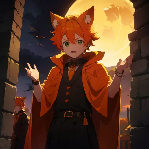 orange hair, green eyes, boy, 12 yo,femboy, animal ears, cute, shota, hallowing, dracula costume, vampire costume, large canines