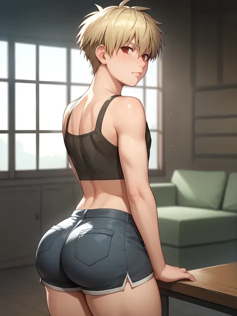 score_9, score_8_up, source_anime, standing, hellsing, seras, femboy, twink, shorts, otoko no, crop top, indoors, ass, ass cheeks, plump ass, rating:safe, sfw