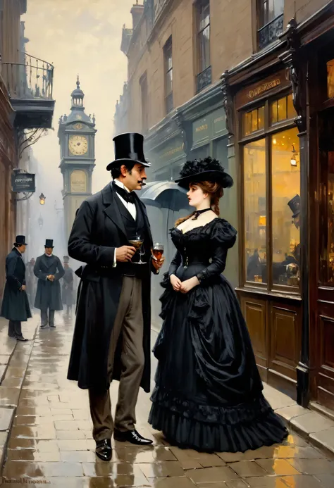 Full body shot of a Victorian Scene, sherlock holmes and a plump voluptuous buxom pretty Victorian widow having  flirt standing face to face in Baker street,
by Jean Béraud, inspired by Jean Béraud, inspired by Édouard Detaille, edouard leon cortes, inspir...