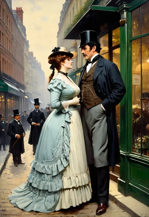 Full body shot of a Victorian Scene, sherlock holmes and a plump voluptuous buxom pretty Victorian widow having  flirt standing face to face in Baker street,
by Jean Béraud, inspired by Jean Béraud, inspired by Édouard Detaille, edouard leon cortes, inspir...