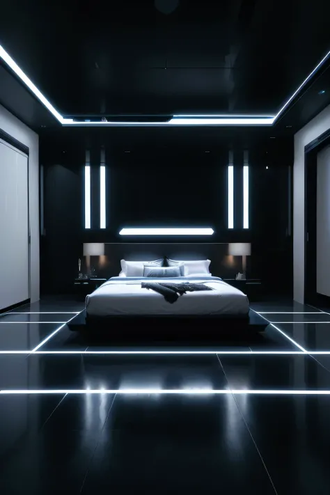 Arafad bedroom，There is a bed and a mirror in the middle, Cyberpunk bedroom at night, in a dark futuristic room, futuristic room, In a cyberpunk themed room, Dark bedroom, LightingDark bedroom, New black background, Sci-fi room, In the bedroom, Dark bedroo...