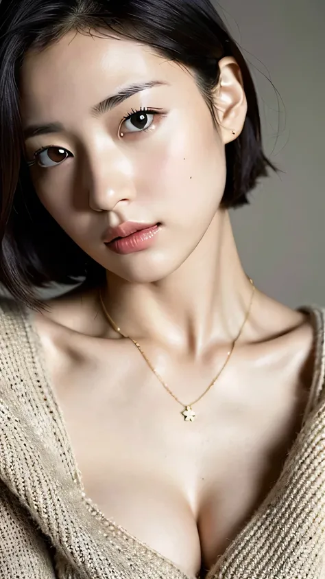 (highest quality, 8k, 32k, masterpiece, Ultra-high resolution:1.2),Beautiful Japanese Women Photos, Large Breasts, Very short bob hair,Upper Body,Face Focus,Extra Large_sweater, necklace, Simple Background, From above, View your viewers,library,I have a bo...