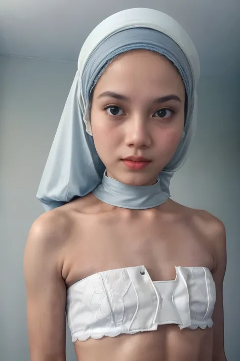 Light blue, ((SHORT HIJAB)), ((Flat chest:1.7)), (dynamic photograph of a 58 year old Indonesian woman), (slim top, cotton panties), (straight non curly hair), (highly detailed face:1.4), (vascular muscles and abs:1.3), (background inside light, bright, pr...