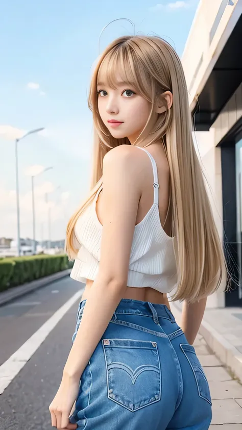 Sexy Big 、Sexy cute looks and cute 15 year old beautiful girl, beautiful and sexy face、A strong wind blows my hair in front of my face、With straight blonde hair、beautiful, Cute and sexy eyes hidden behind long bangs。