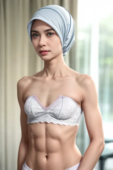 Light blue, ((SHORT HIJAB)), ((Flat chest:1.7)), (dynamic photograph of a 58 year old Indonesian woman), (slim top, cotton panties), (straight non curly hair), (highly detailed face:1.4), (vascular muscles and abs:1.3), (background inside light, bright, pr...