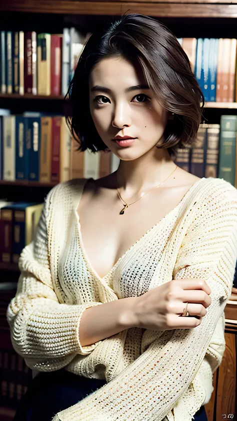 (highest quality, 8k, 32k, masterpiece, Ultra-high resolution:1.2),Beautiful Japanese Women Photos, Very small breasts, Very short bob hair,Upper Body,Loose-fitting sweater, necklace, View your viewers,((library,I have a book,)),mole,