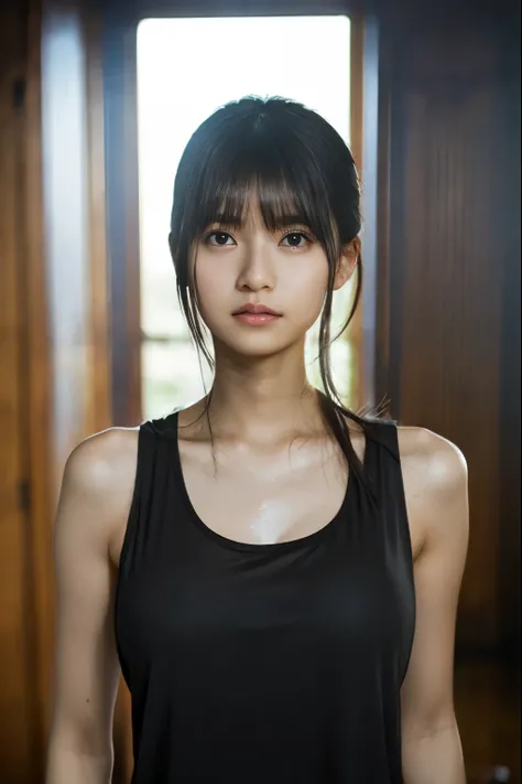 highest quality, masterpiece, Ultra-high resolution, (Realistic:1.4), RAW Photos, 1 girl, Black Hair, Shiny skin, Sweaty body, Dramatic lighting, whole body, Female dog, Tank top, Huge breasts