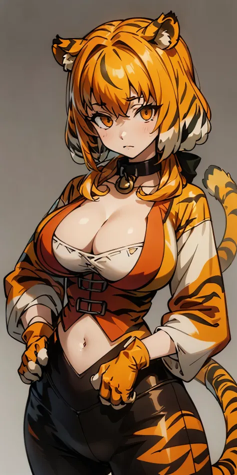 (Masterpiece, plain background) 1solo Roxanne tiger print mask, animal tiger outfit, leather collar choker neck bell, cleavage, large breasts, looking at viewer, navel, neck bell 🔔 (paw gloves like hands= paws on hands, paws on hips, tiger tail, tiger fluf...