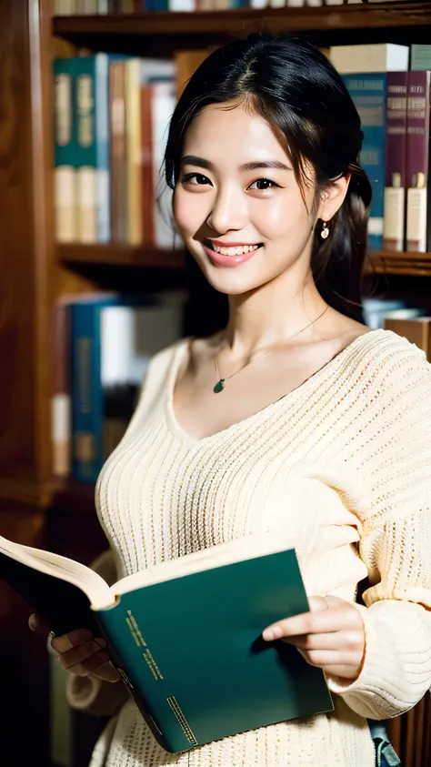 (highest quality, 8k, 32k, masterpiece, Ultra-high resolution:1.2),Beautiful Japanese Women Photos, Very small breasts, Very beautiful braided hair,Loose-fitting clothing, necklace, View your viewers,((library,Reading a book,A smile that conveys intelligen...