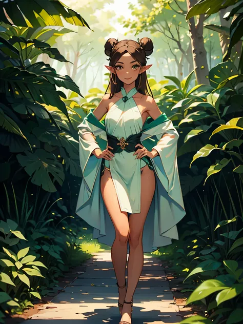 masterpiece, high quality, illustration, extremely detailed, cg unity 8k, ((summer: 1.4)), 1_women, (full body) (tan exotic skin_complexion:1.4), mature, statuesque, beautiful, exotic, with long elf ears, smiling, (((looking away from viewer))), ((eyes loo...