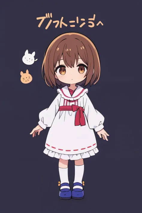 kawaii,chibi,1girl,anime,full body,simple background,stand up, ,front view,brown eyes,brown hair,short hair,cartoon, long sleeve,--niji 5