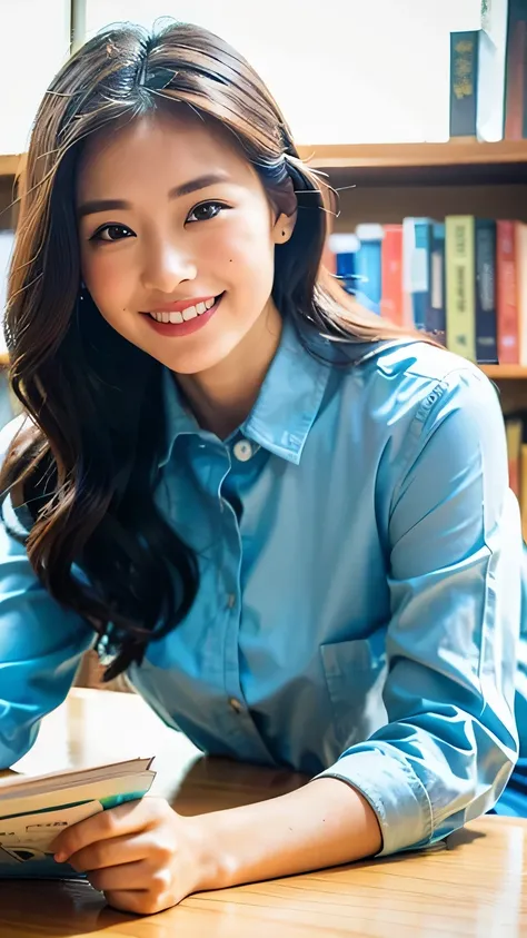 ((highest quality, 8k, 32k, masterpiece, Ultra-high resolution:1.2)),Beautiful Japanese Women Photos, Very small breasts, ponytail,Loose-fitting clothing, View your viewers,((library,Reading a book,A smile that conveys intelligence,)),mole,Dimples,