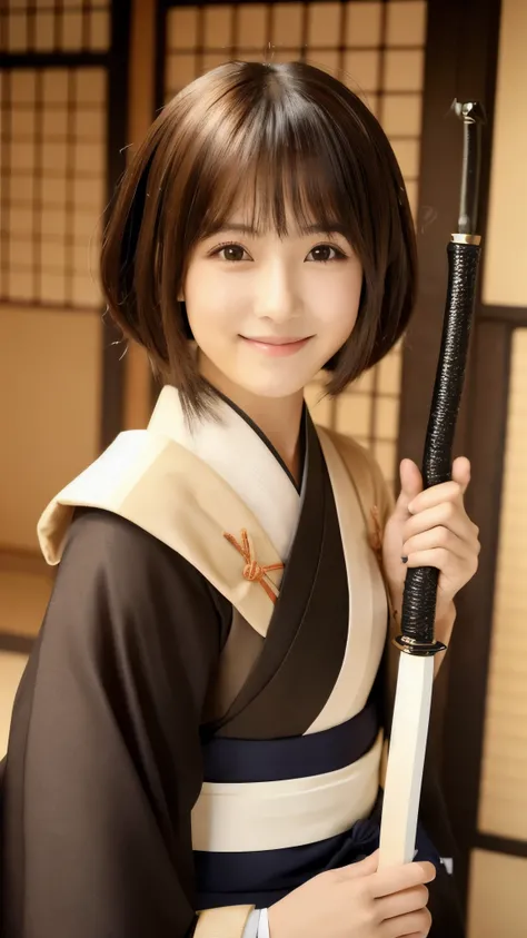 1girl, solo, japanese clothes, short hair, weapon, sword, brown eyes, looking at viewer, kimono, brown hair, lips, hand on hip, sheath, smile, katana, black hair, upper body, closed mouth, sheathed, hand up  