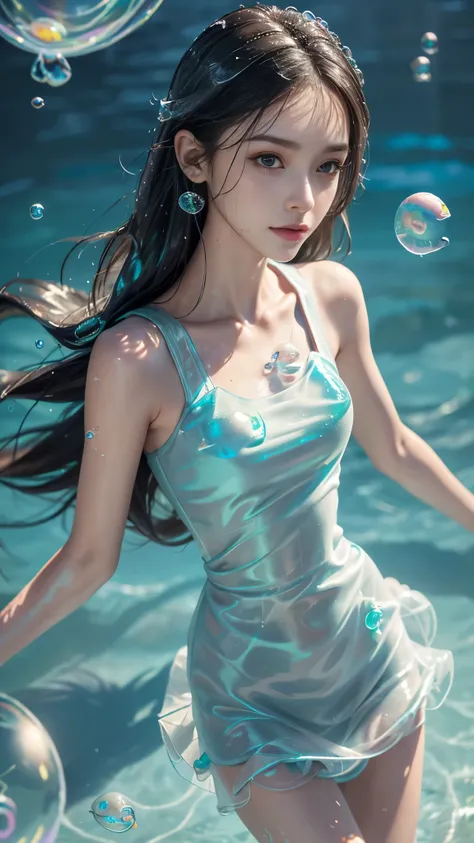 8K, ultra hd, masterpiece, 1 girl, 18 years old, slim body, ribs, bones, happy face, long hair, detailed eyes, detailed lips, small breasts, (bubble dress:1.5), mini skirt, (green bra), (bare stomach), realistic shadow, sea, morning, ((bubble:1.5)), (water...