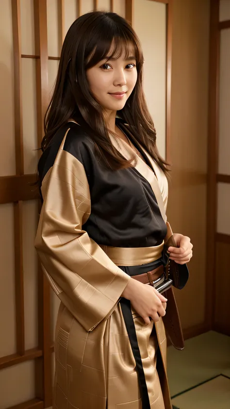 1girl, solo, japanese clothes, medium brown hair, brown eyes, looking at viewer, kimono, brown hair, lips, hand on hip, sheath, smile, katana, black hair, upper body, closed mouth, sheathed, hand up  