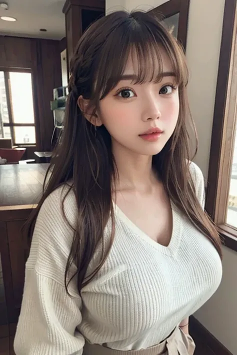 (From below:1),((One Girl)),Light brown fringe hair、Braided hair、Disheveled Hair、Light brown eyes、(Dignified look)、(Fashionable casual wear),(Big Tits)、Highlight the valley、Skyscraper district、blue sky、(Photorealistic)、(Intricate details:1.2)、(masterpiece、...