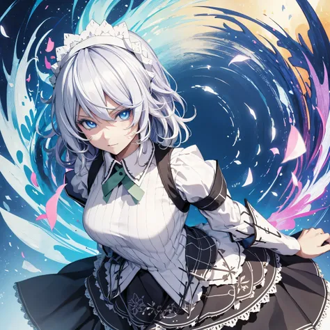 best quality,masterpiece,Ultimate resolution, downy,Extremely colorful, Colorful,,closeup of face, 1girl, solo, sakuya izayoi, silver hair, maid dress, white apron, very short skirt, sexy pose,, sleeveless outfit, detailed face, detailed eyes, fresh blue e...