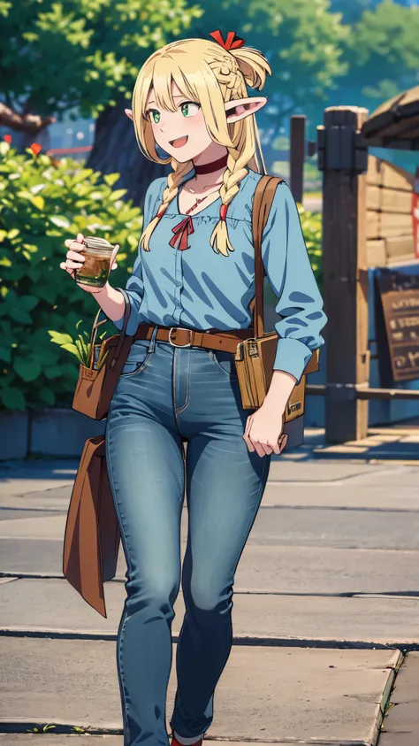 happy face expression, wearing a blouse, JEANS, comics,fantasia,sfw,marvel e DC, central park, walking, park background, dmeshimarcil, choker, belt, capele