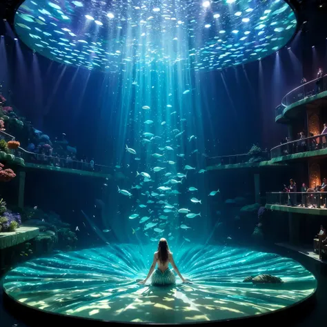 (best quality,4k,8k,highres,masterpiece:1.2),ultra-detailed,(realistic,photorealistic,photo-realistic:1.37),Mermaid idol holds concert on underwater stage,illustration,glowing stage lights,crystal clear water,giant clamshells,coral reefs,tropical fishes,se...