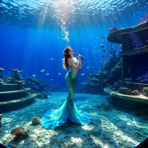 (best quality,4k,8k,highres,masterpiece:1.2),ultra-detailed,(realistic,photorealistic,photo-realistic:1.37),Mermaid idol holds concert on underwater stage,illustration,glowing stage lights,crystal clear water,giant clamshells,coral reefs,tropical fishes,se...