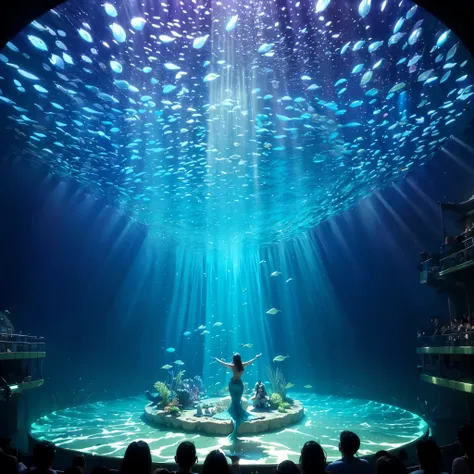 (best quality,4k,8k,highres,masterpiece:1.2),ultra-detailed,(realistic,photorealistic,photo-realistic:1.37),Mermaid idol holds concert on underwater stage,illustration,glowing stage lights,crystal clear water,giant clamshells,coral reefs,tropical fishes,se...