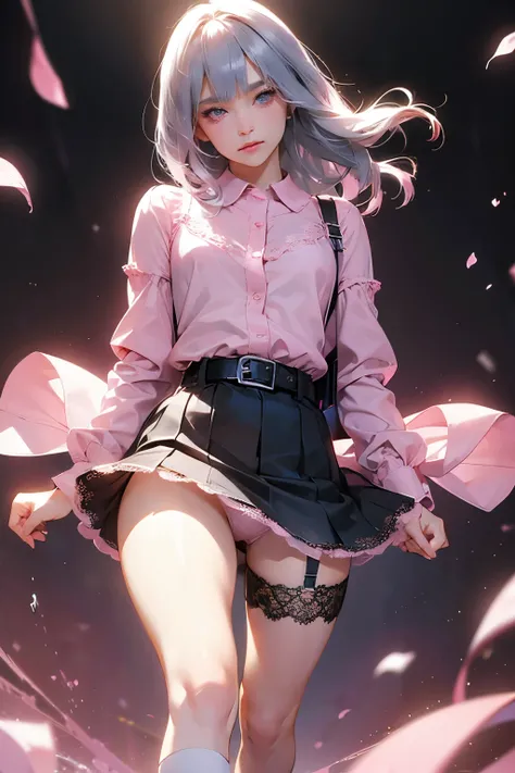 ((Lingerie Model)), zoom, masterpiece, highest quality, High resolution, Elizabeth, One girl, jewelry, Single knee socks, Silver Hair, Hair on one eye, abdomen, Black Skirt, Asymmetrical legwear, ((Pink Shirt)), No sleeve, Black knee socks, belt, Are stand...