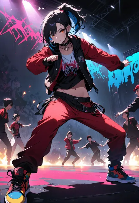 a hip-hop idol on stage,hip-hop style clothing,attention to detail,energetic atmosphere,expressive dance moves,highly intense pe...