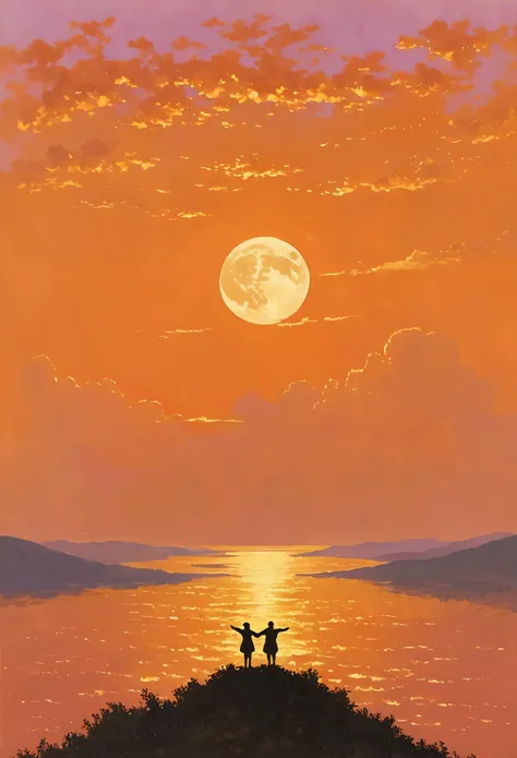 The image depicts two silhouetted figures reaching up towards the sky at sunset or sunrise. A bright full moon hangs in the pinkish-orange sky, with a faint contrail streaking across. The scene could be framed as "Grasping for Dreams" - the outstretched ar...