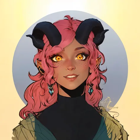 a close up of a cartoon of a woman with horns on her head, dnd portrait of a tiefling, tiefling, tiefling from d & d, cosmic tiefling d&d, with horns, attractive tiefling druid, tiefling female warlock, girl design lush horns, demon slayer rui fanart, allu...