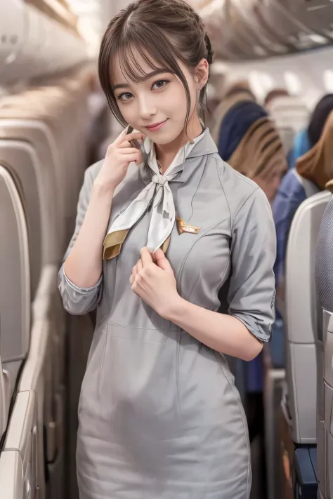 (masterpiece:1.2、highest quality:1.2)、32K HDR、High resolution、(alone、1 girl、Slim figure)、（Realistic style with Starlux Airlines uniform）、 (On board a passenger aircraft, Professional Lighting)、A proper woman, Beautiful Face,、（Starlux Airlines silver unifor...