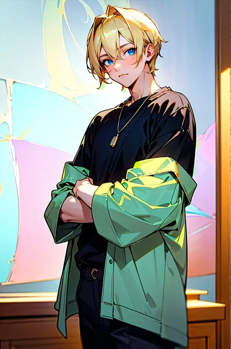 (blond boy:1.1, blue eyes:1.1), (looking at viewer:1.1), (masterpiece:1.2), (perfect light:1.1), (perfect colors:1.1), (manly), (casual clothing), (modern clothing), (background of a room), (black clothes)