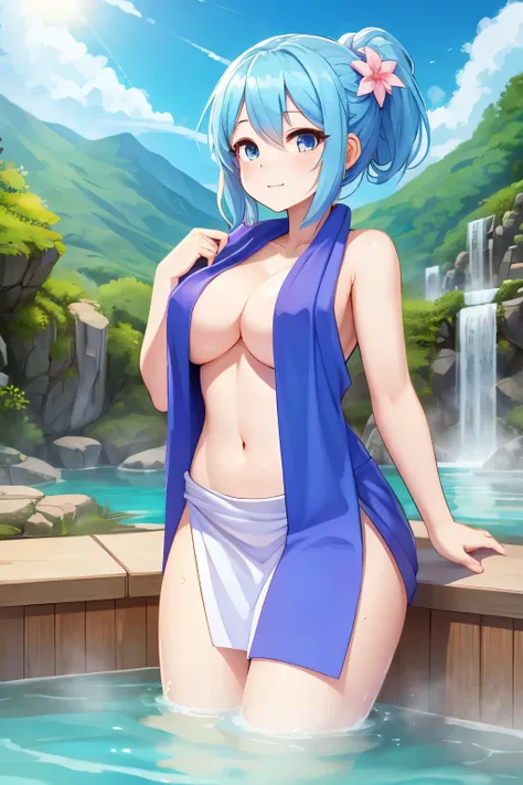 A woman entering a hot spring with a towel wrapped around her body, the Pure Land of Paradise