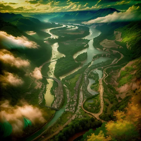 a view a river running through a lush green valley, Winding River, huge river, Amazing depth, wide angle river, Mountains and rivers, author Etienne Delessert, Snake River in the jungle, Waterway, with trees and rivers, author：Alexander Robertson, Beautifu...