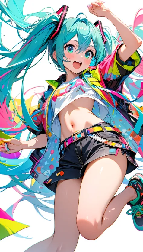 hatsune_miku, jumping, pop clothes, bare legs, belt on right leg, beautiful stomach, colorful, bright, perfect hand, simple white background, ultra detailed, 8k