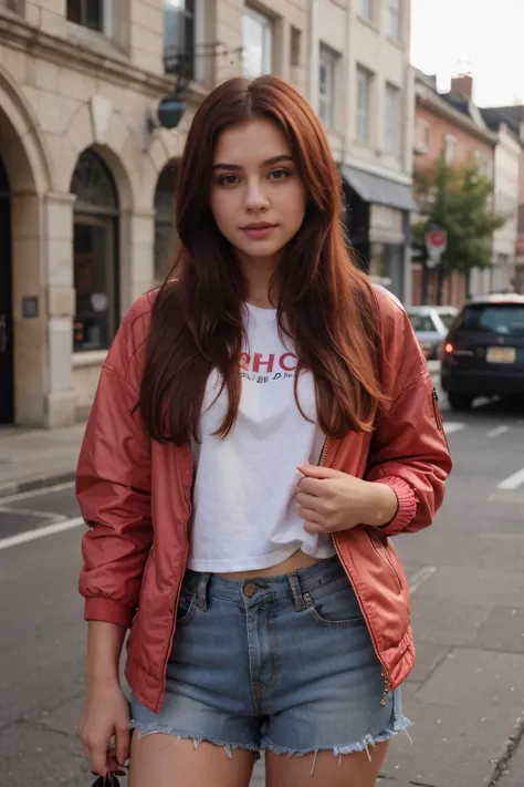 beautifull girl, red hair, pink jaket