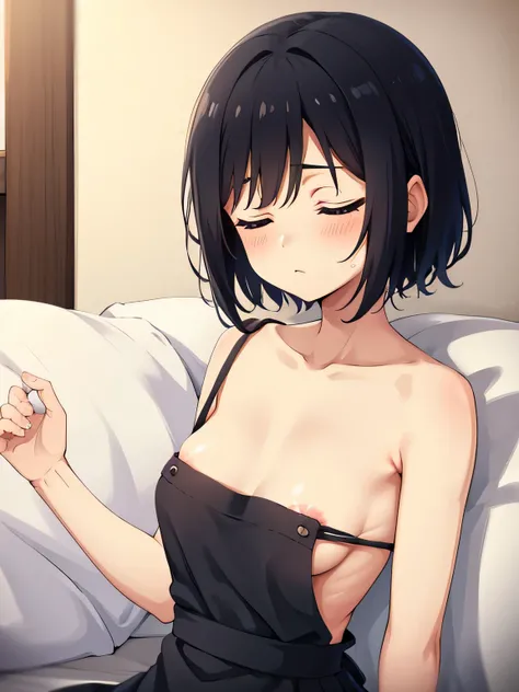 1. Beautiful woman in naked apron, short hair, Small breasts,Black Hair, Hospital Beautiful Cute High Quality Sleeping in bed Sleeping No strings Nipple covers