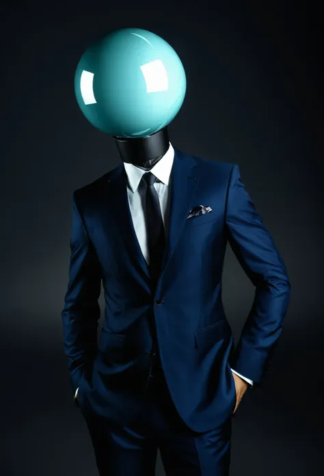 man with a sphere for a head wearing a suit