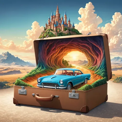 a stunning colored coloring image of an open suitcase, with a fantasy scene rising from the inside, featuring a stunning car. Highly detailed, on a light background