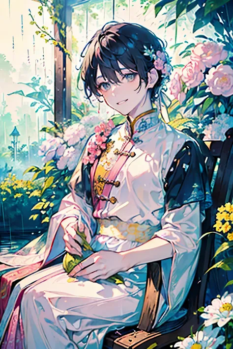 ((old male:1.45))、(masterpiece、highest quality、highest quality、Beautiful and beautiful:1.2)、(Good anatomy:1.5)、Painting of a girl with milky white straight hair、Shy smile、Sparkling Eyes、looking at the camera、Emerging from among the flowers and leaves、Suzur...