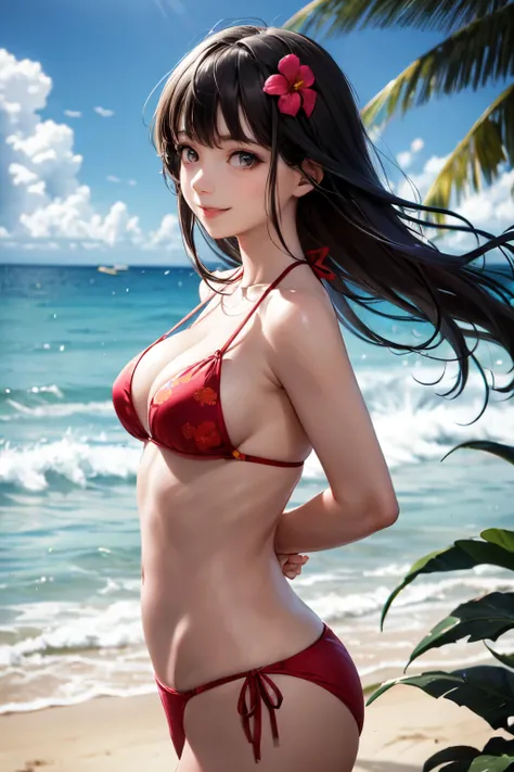 very cute and beautiful girl,(highly detailed beautiful face and eyes),flower pattern red bikini,
standing,arms behind back,looking at viewer,beach,tropical resort hotel,(smile:1.2),black hair,
(best quality,masterpiece),absurdres,highres,ultra-detailed,ex...