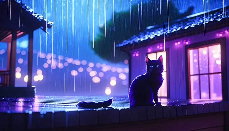 masterpiece, highest quality, Light Particles, Pixiv, depth of Field, Cinematic Compotization, Best lighting, Outdoor, (Lens flare:0.6), Field, scenery, , Fantasy, , 8k, 4K, , Blue Theme, Purple light, rain, , 1 cat, roof