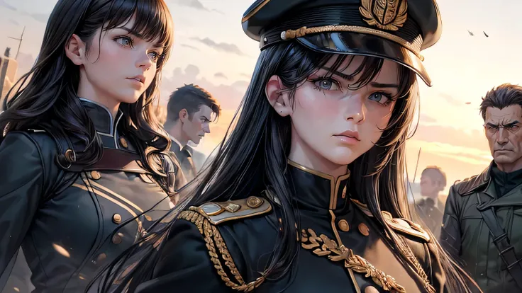 (oil, masterpiece, highest quality, Super detailed, Focus on the characters), woman,Black military uniform,Angry expression,Detailed hair depiction,Detailed depiction down to the tips of the hair([return:0.8]|[ face facing returnwards:1.1]), ,([Garrison Sc...