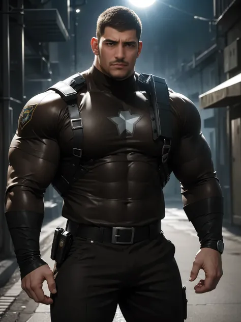 One Tall giant muscular police officer, On the outdoor street, Wear a brown superhero bodysuit with long sleeves, The expression is arrogant, Lift your chin, Messy hair, Thick thighs, Brown Superhero Bodysuit with Turtleneck and Long Sleeves, very tight, ...