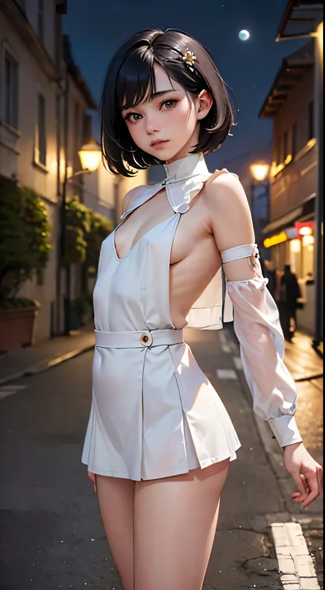 (,Street lamp,moon),masterpiece, One woman, Solo Exhibitions, Beautiful woman with small breasts,Beautiful Goddess Portrait, Beautiful and elaborate face, Porcelain-like skin, (((Full Shot,center, night, Black Hair, short hair)), Very soft lighting, Full S...