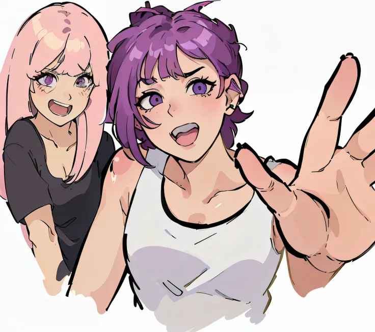 Cartoon of a man with purple hair and a woman with pink hair, Anime style, Anime style, Very Anime style, Modern anime style, very Modern anime style, Anime style only, Threatening Posture, Comic Style, 80s anime art style, ig studio anime style, Use your ...