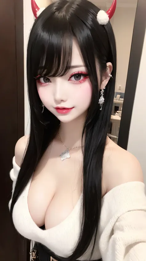 White fluffy oversized sweater、Off the shoulder、(((Big Breasts))),Big cleavage、Long black hair、jirai girl, jirai type make-up、Red eyeliner、(open doorway:1.3)、(Gloss Eye、Glossy lip lipakeup:1.2), (open mouth 、A devilish smile:1.3)