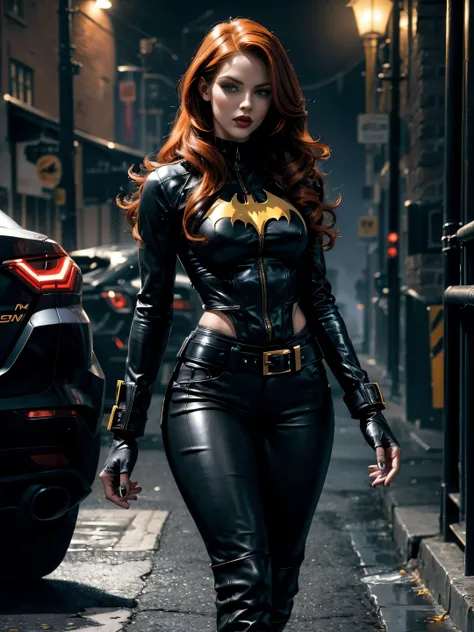 batgirl redhead sexy beautiful black and yellow tight-fitting leather jacket, tight-fitting leather pants, black high-heeled leather boots, blue long hair, black eyes, red lips, perfect hands, big breasts, broad athletic shoulders, thin waist, long muscula...