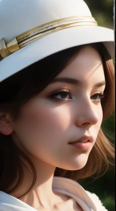 there is a woman wearing a white hat with a large feather on it, a picture by Micha Klein, unsplash contest winner, figuration libre, a still of an ethereal, 8k artistic portrait photography, soft portrait shot 8 k, soft light from the side, portrait shot,...