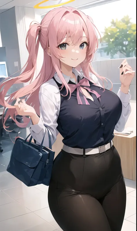 ((masterpiece, best quality)), (1 girl),((Become a)), light pink hair, Halo, trumpet, ((office lady )),Bangs,Mid-chest,(plump),Slim,Smile, [Wide hips],office,permanent, Got it (Blue Files),