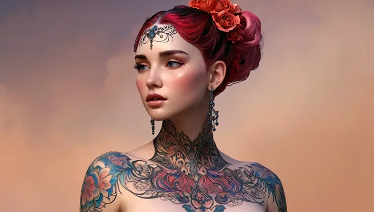 The elegant Venus character in the animation is unforgettable，Realistic details，Lifelike: Nothing to wear, in her pale, Almost transparent skin, Intricate dark tattoos wrap around angular features. Zoom out, Full frame, This image is a digitally rendered p...